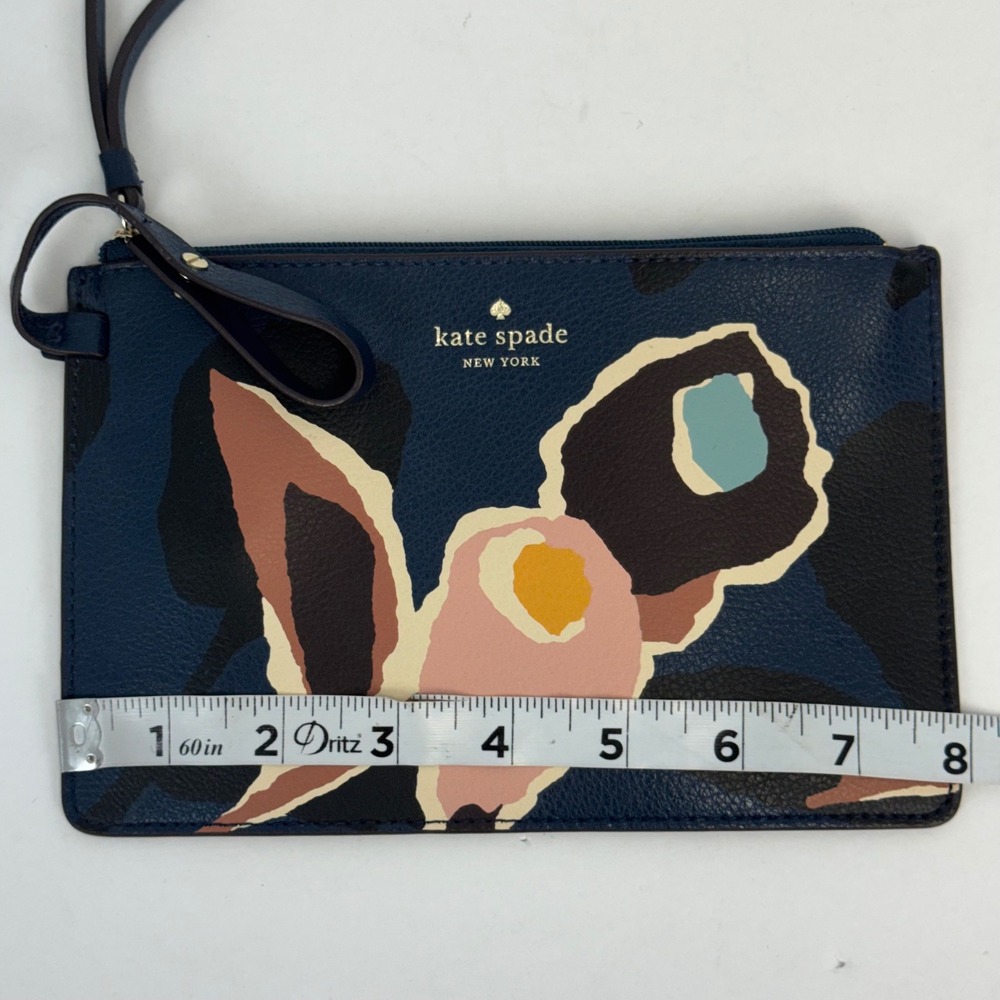Kate Spade New York Navy Blue Floral Leather Wristlet Pouch Zip Clutch Bag - Picture 5 of 11